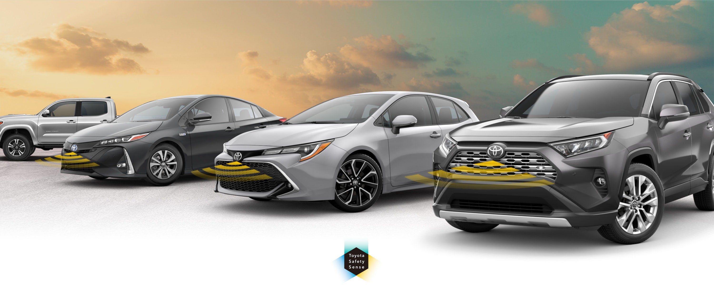 Toyota Safety Sense: Designed for Safety. Options shown on Toyota models including RAV4, Tacoma, and Camry, available now at Supreme Toyota in Hammond LA.