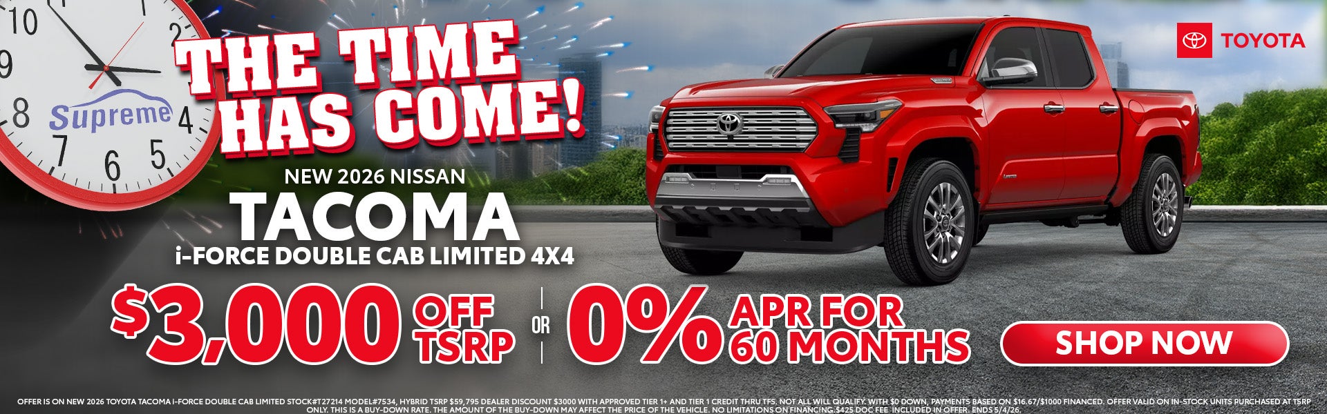 Tacoma i-Force Double Cab $3000 off TSRP or 0% APR 60 Months